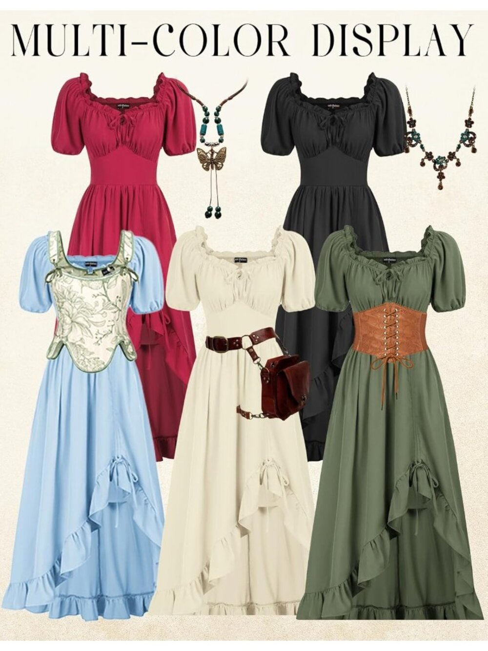 Women's Green Cottage Core Corset Ruffle With Pockets Costume Maxi Dress - Picture 5 of 6